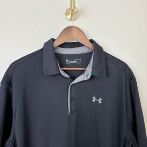 Under Armour Heat Gear Polo Men XL Loose Solid Black Athletic Performance Casual